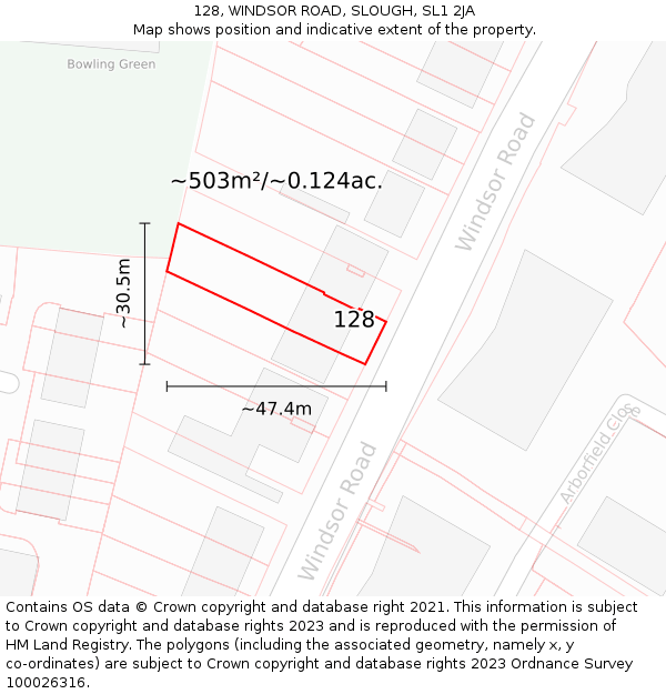 128, WINDSOR ROAD, SLOUGH, SL1 2JA: Plot and title map