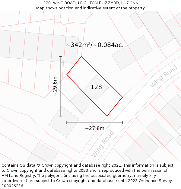128, WING ROAD, LEIGHTON BUZZARD, LU7 2NN: Plot and title map