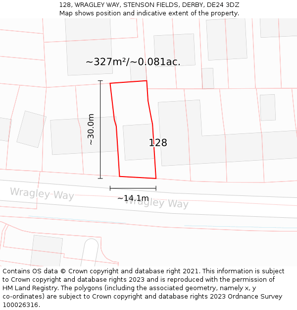 128, WRAGLEY WAY, STENSON FIELDS, DERBY, DE24 3DZ: Plot and title map