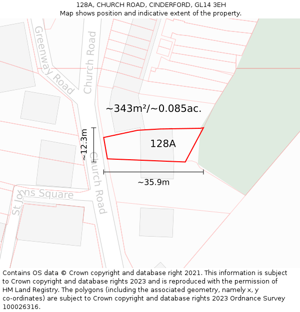 128A, CHURCH ROAD, CINDERFORD, GL14 3EH: Plot and title map
