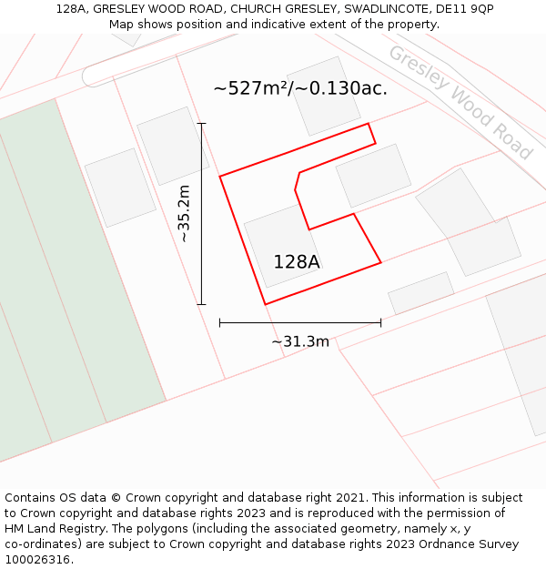 128A, GRESLEY WOOD ROAD, CHURCH GRESLEY, SWADLINCOTE, DE11 9QP: Plot and title map