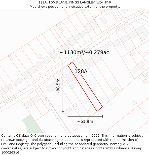 128A, TOMS LANE, KINGS LANGLEY, WD4 8NR: Plot and title map
