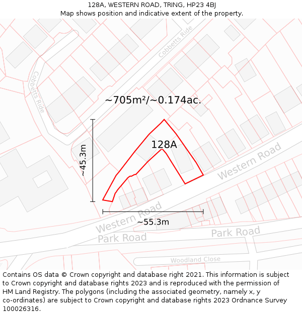 128A, WESTERN ROAD, TRING, HP23 4BJ: Plot and title map