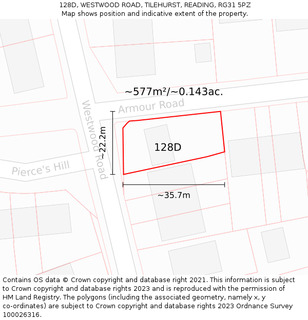 128D, WESTWOOD ROAD, TILEHURST, READING, RG31 5PZ: Plot and title map