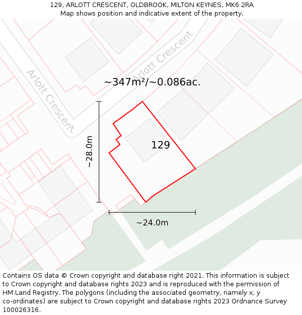 129, ARLOTT CRESCENT, OLDBROOK, MILTON KEYNES, MK6 2RA: Plot and title map