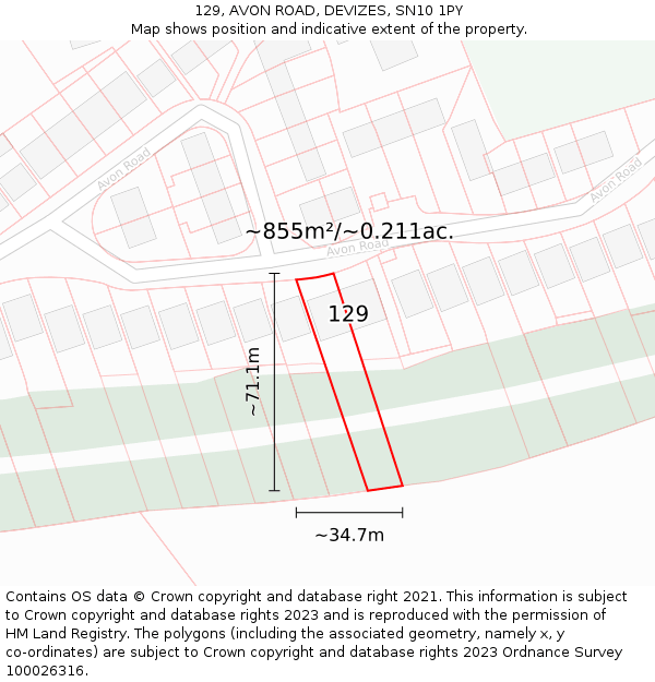 129, AVON ROAD, DEVIZES, SN10 1PY: Plot and title map