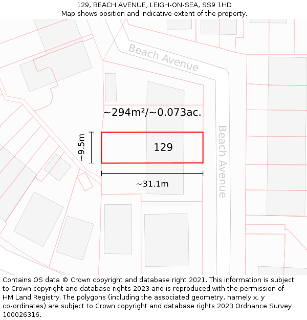 129, BEACH AVENUE, LEIGH-ON-SEA, SS9 1HD: Plot and title map