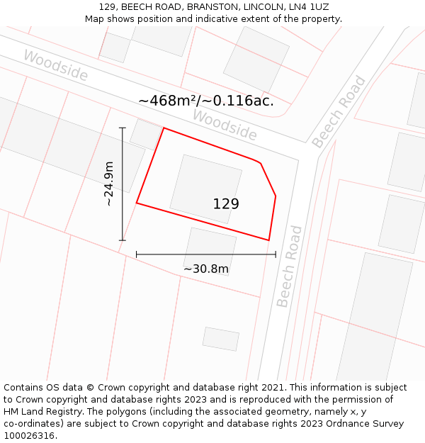 129, BEECH ROAD, BRANSTON, LINCOLN, LN4 1UZ: Plot and title map