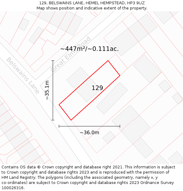 129, BELSWAINS LANE, HEMEL HEMPSTEAD, HP3 9UZ: Plot and title map