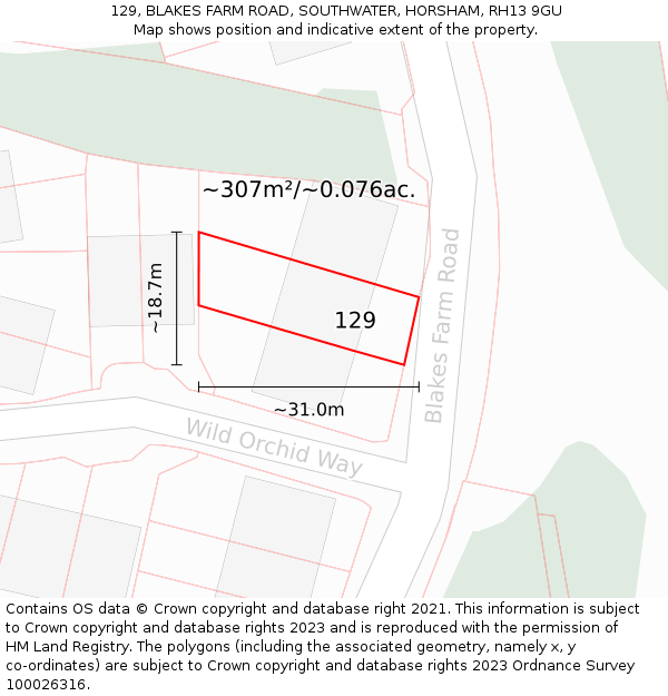 129, BLAKES FARM ROAD, SOUTHWATER, HORSHAM, RH13 9GU: Plot and title map