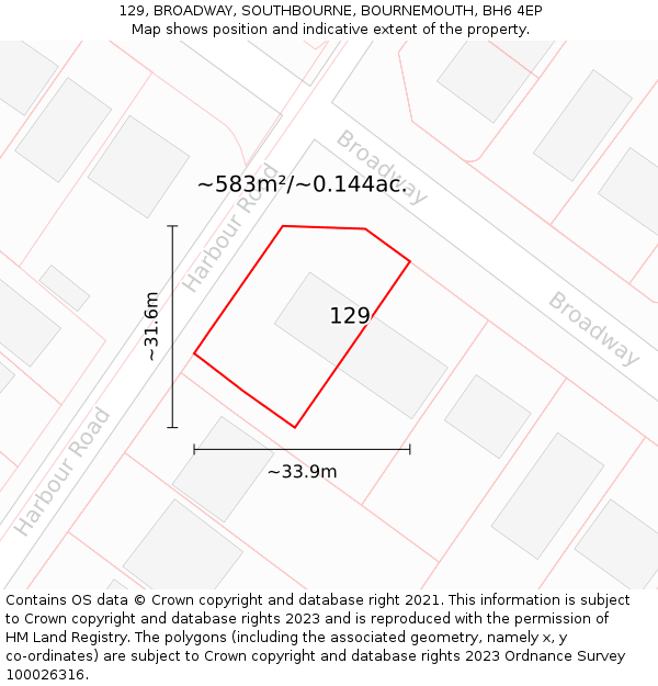 129, BROADWAY, SOUTHBOURNE, BOURNEMOUTH, BH6 4EP: Plot and title map