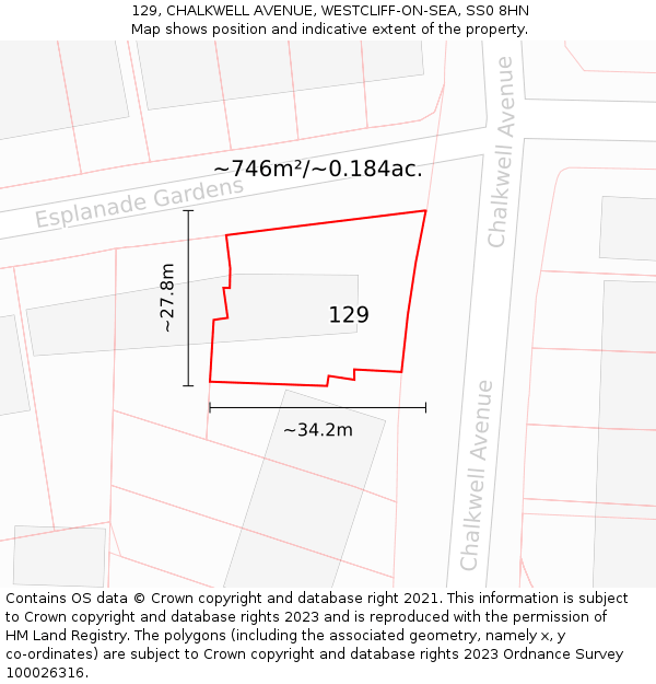 129, CHALKWELL AVENUE, WESTCLIFF-ON-SEA, SS0 8HN: Plot and title map