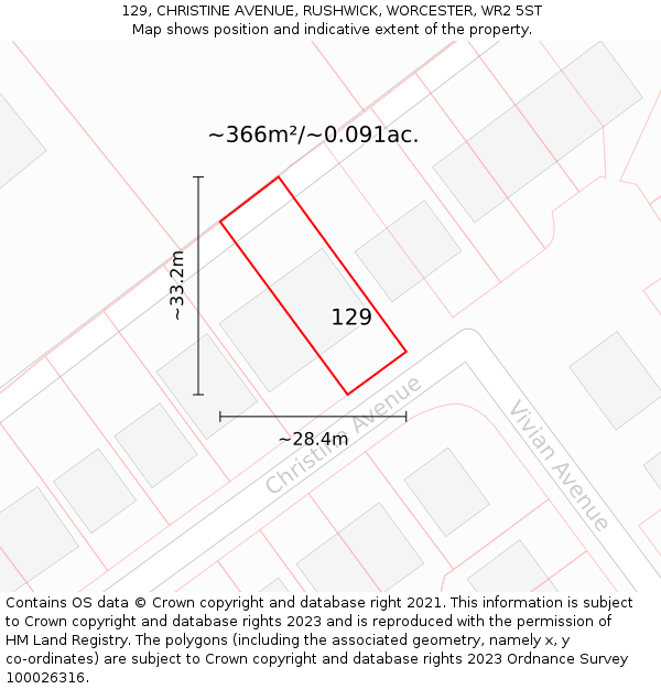 129, CHRISTINE AVENUE, RUSHWICK, WORCESTER, WR2 5ST: Plot and title map