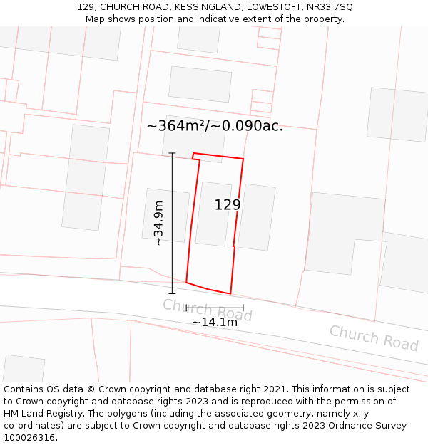 129, CHURCH ROAD, KESSINGLAND, LOWESTOFT, NR33 7SQ: Plot and title map