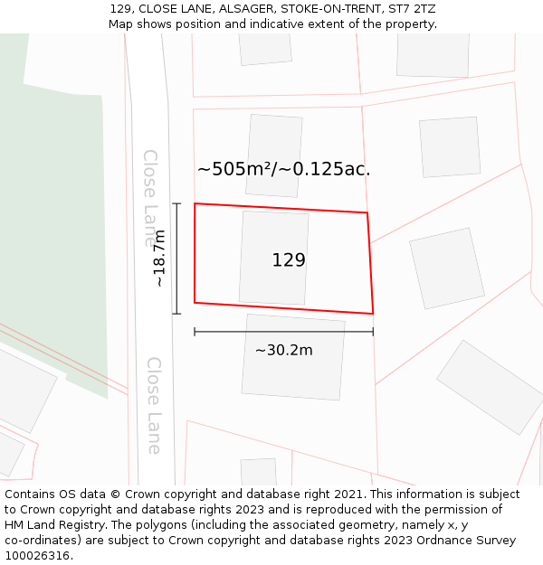 129, CLOSE LANE, ALSAGER, STOKE-ON-TRENT, ST7 2TZ: Plot and title map