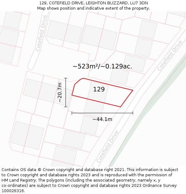 129, COTEFIELD DRIVE, LEIGHTON BUZZARD, LU7 3DN: Plot and title map