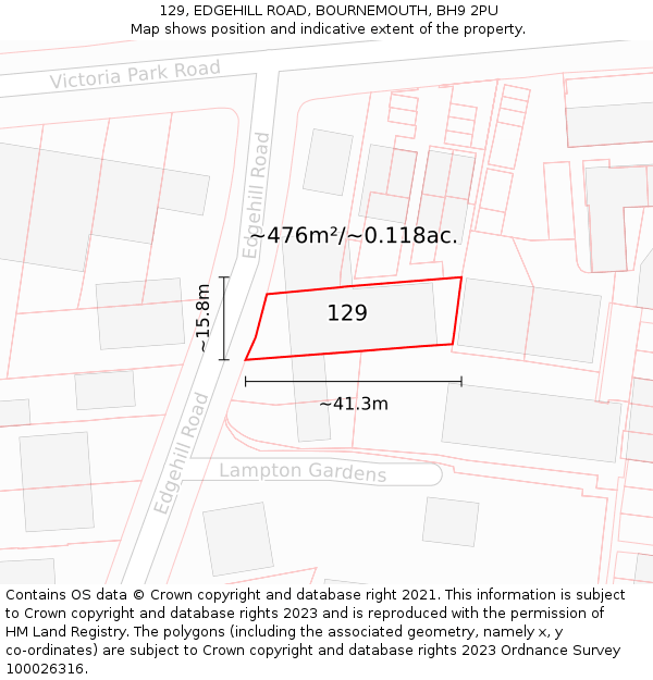 129, EDGEHILL ROAD, BOURNEMOUTH, BH9 2PU: Plot and title map