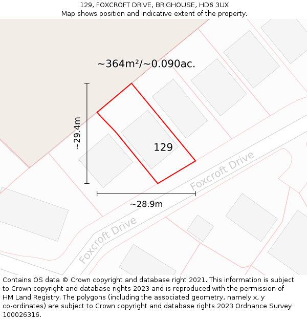 129, FOXCROFT DRIVE, BRIGHOUSE, HD6 3UX: Plot and title map