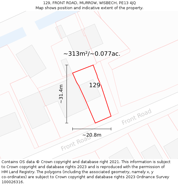 129, FRONT ROAD, MURROW, WISBECH, PE13 4JQ: Plot and title map