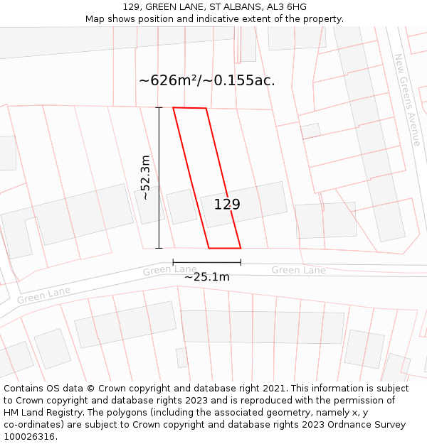 129, GREEN LANE, ST ALBANS, AL3 6HG: Plot and title map