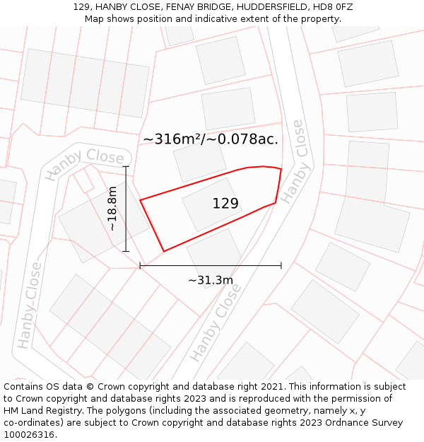 129, HANBY CLOSE, FENAY BRIDGE, HUDDERSFIELD, HD8 0FZ: Plot and title map