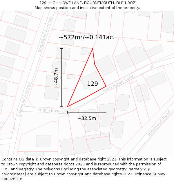 129, HIGH HOWE LANE, BOURNEMOUTH, BH11 9QZ: Plot and title map