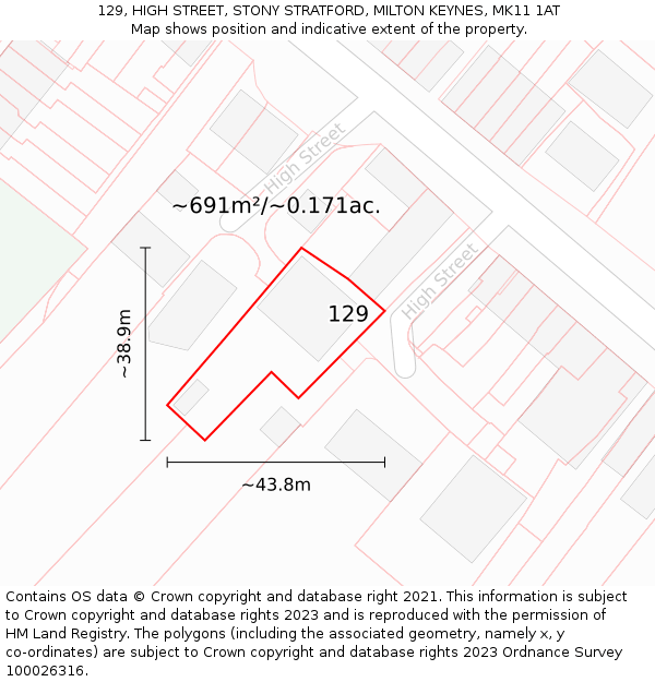 129, HIGH STREET, STONY STRATFORD, MILTON KEYNES, MK11 1AT: Plot and title map