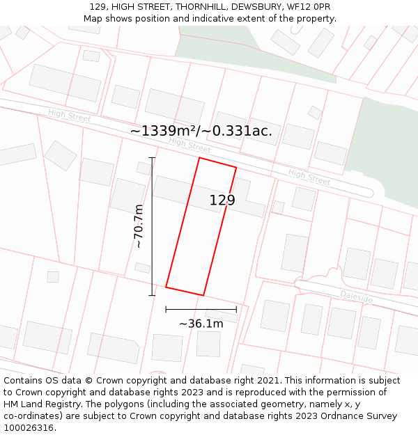 129, HIGH STREET, THORNHILL, DEWSBURY, WF12 0PR: Plot and title map