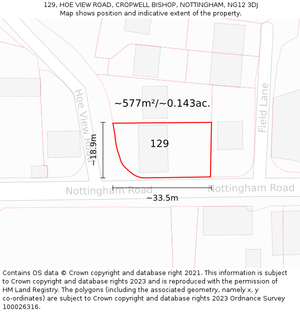 129, HOE VIEW ROAD, CROPWELL BISHOP, NOTTINGHAM, NG12 3DJ: Plot and title map
