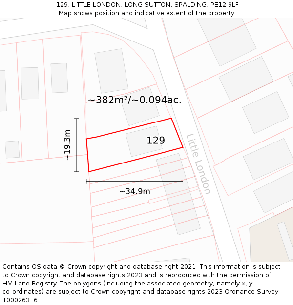129, LITTLE LONDON, LONG SUTTON, SPALDING, PE12 9LF: Plot and title map