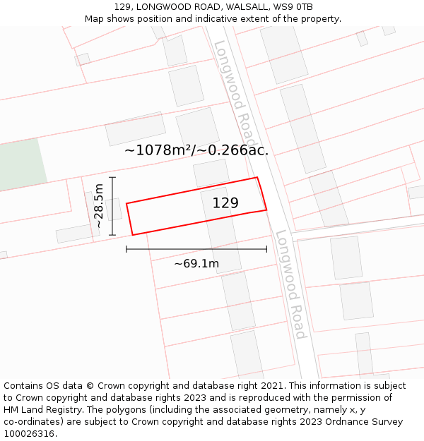 129, LONGWOOD ROAD, WALSALL, WS9 0TB: Plot and title map