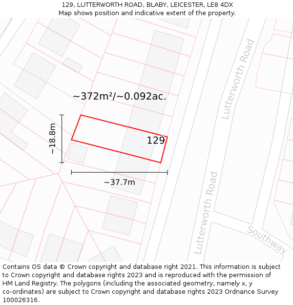 129, LUTTERWORTH ROAD, BLABY, LEICESTER, LE8 4DX: Plot and title map