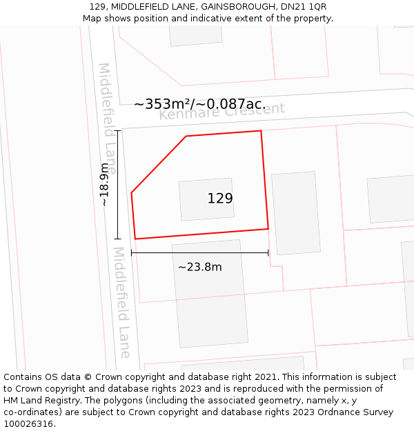 129, MIDDLEFIELD LANE, GAINSBOROUGH, DN21 1QR: Plot and title map