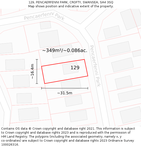 129, PENCAERFENNI PARK, CROFTY, SWANSEA, SA4 3SQ: Plot and title map