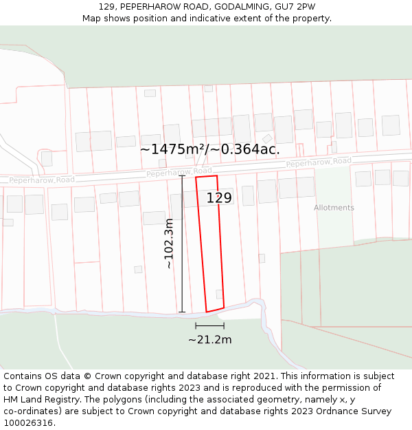 129, PEPERHAROW ROAD, GODALMING, GU7 2PW: Plot and title map