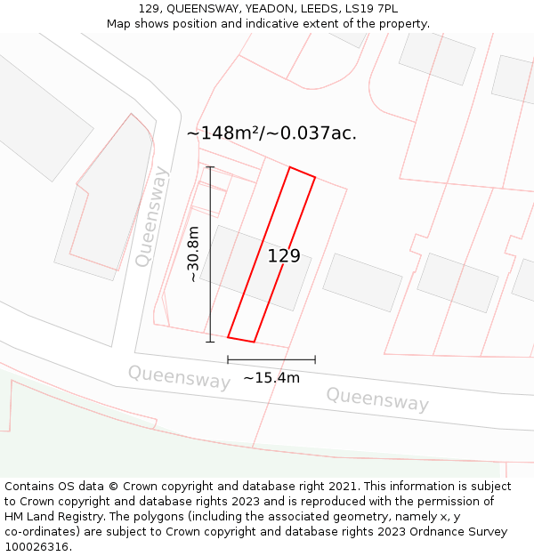129, QUEENSWAY, YEADON, LEEDS, LS19 7PL: Plot and title map