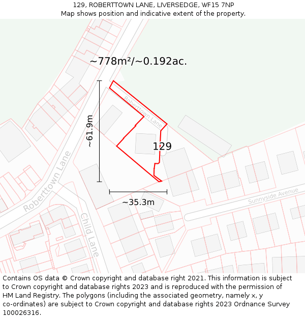 129, ROBERTTOWN LANE, LIVERSEDGE, WF15 7NP: Plot and title map