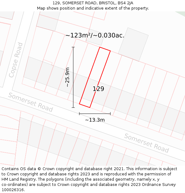 129, SOMERSET ROAD, BRISTOL, BS4 2JA: Plot and title map