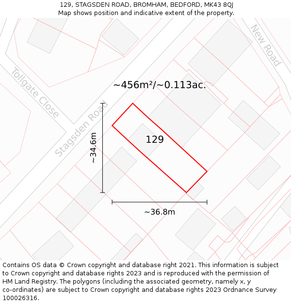 129, STAGSDEN ROAD, BROMHAM, BEDFORD, MK43 8QJ: Plot and title map