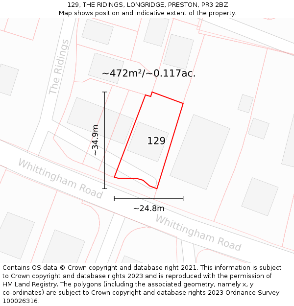 129, THE RIDINGS, LONGRIDGE, PRESTON, PR3 2BZ: Plot and title map