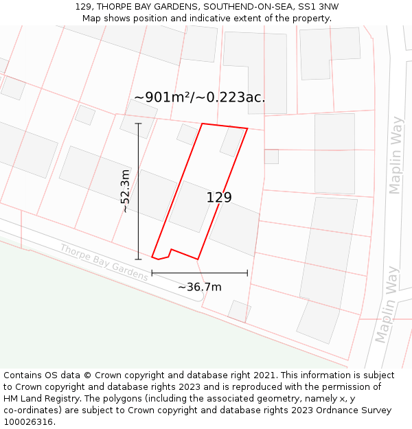 129, THORPE BAY GARDENS, SOUTHEND-ON-SEA, SS1 3NW: Plot and title map