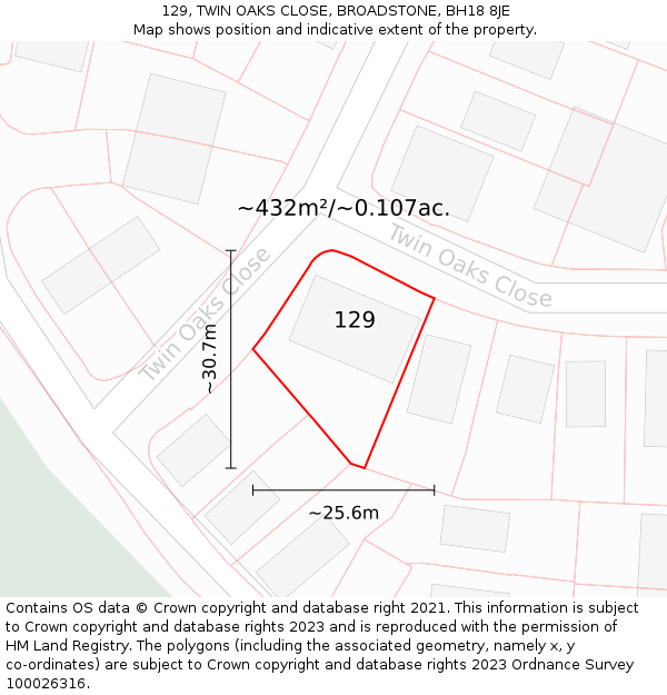 129, TWIN OAKS CLOSE, BROADSTONE, BH18 8JE: Plot and title map
