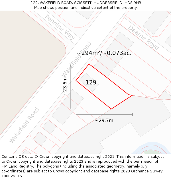 129, WAKEFIELD ROAD, SCISSETT, HUDDERSFIELD, HD8 9HR: Plot and title map