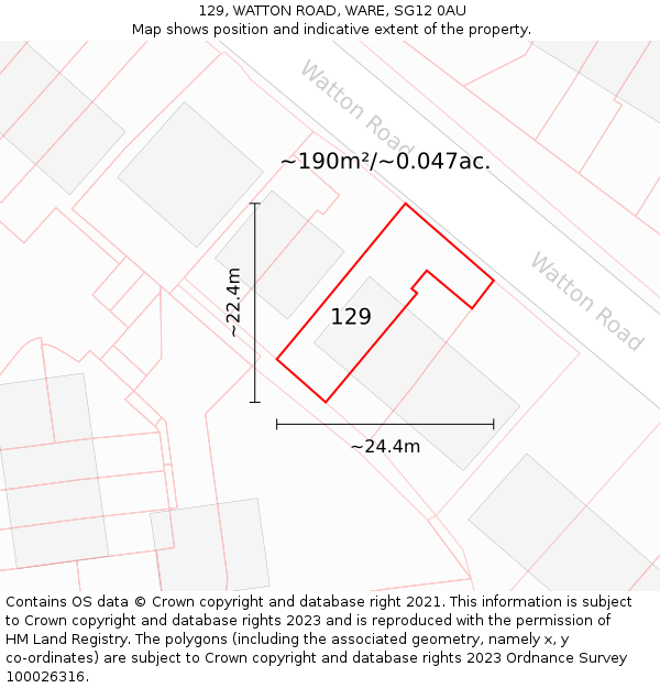 129, WATTON ROAD, WARE, SG12 0AU: Plot and title map
