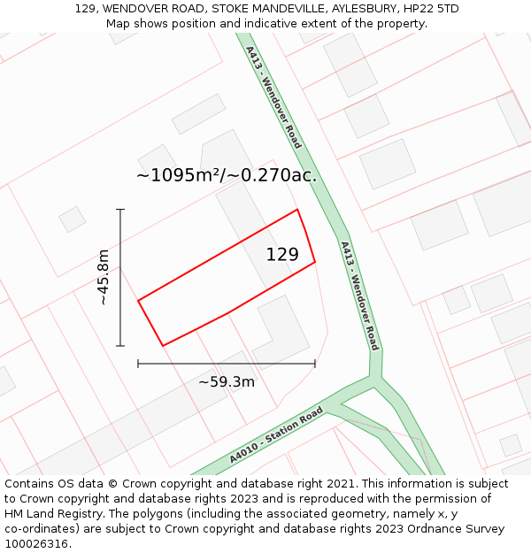 129, WENDOVER ROAD, STOKE MANDEVILLE, AYLESBURY, HP22 5TD: Plot and title map