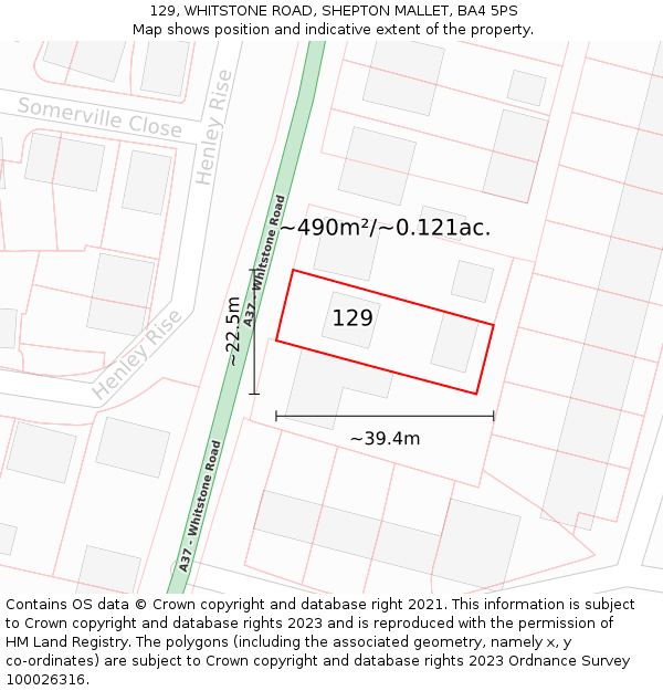 129, WHITSTONE ROAD, SHEPTON MALLET, BA4 5PS: Plot and title map