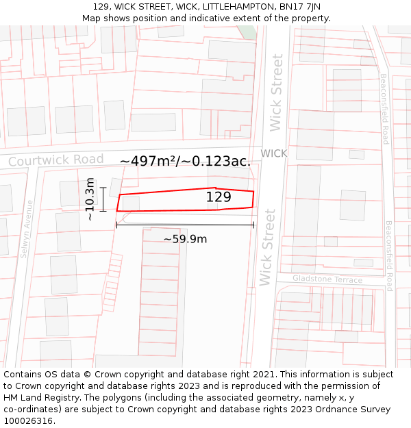 129, WICK STREET, WICK, LITTLEHAMPTON, BN17 7JN: Plot and title map