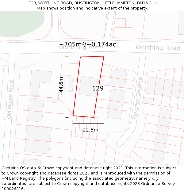 129, WORTHING ROAD, RUSTINGTON, LITTLEHAMPTON, BN16 3LU: Plot and title map
