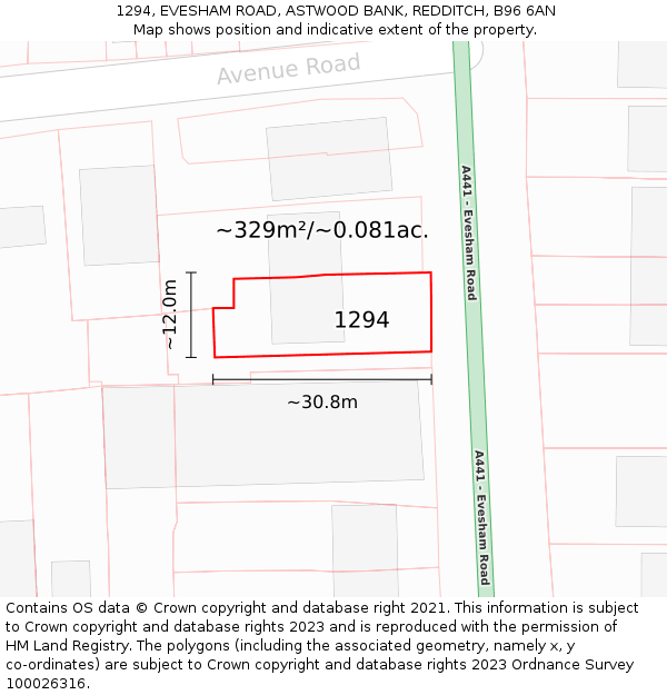 1294, EVESHAM ROAD, ASTWOOD BANK, REDDITCH, B96 6AN: Plot and title map