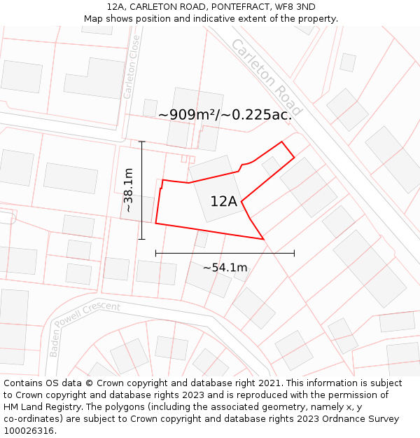 12A, CARLETON ROAD, PONTEFRACT, WF8 3ND: Plot and title map